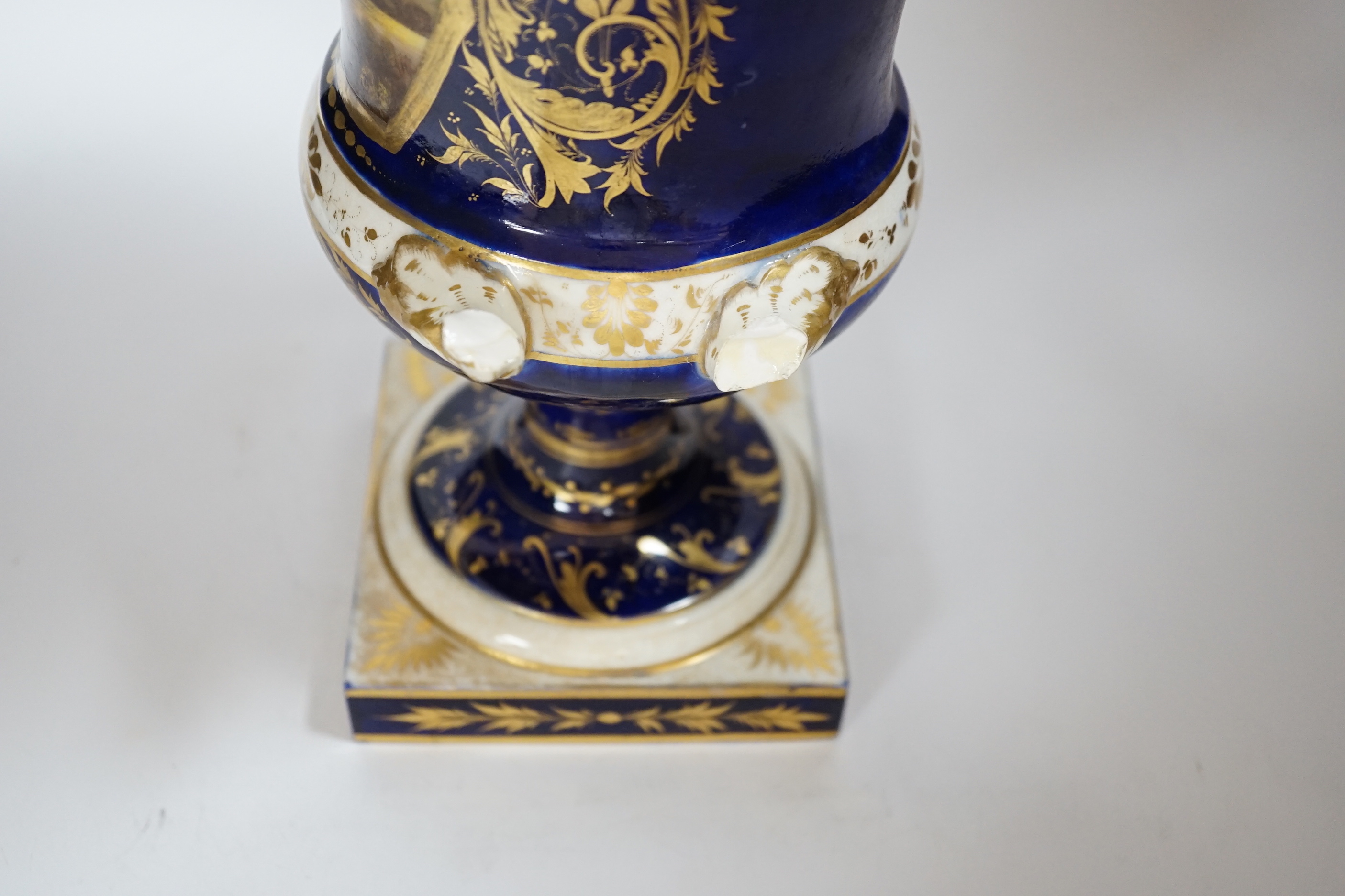 A large Crown Derby campana shaped urn, painted with a view on the river Derwent, circa 1815-20, 33cm